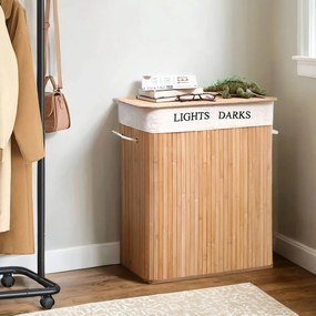Cesto para roupa suja em bambu com 2 compartimentos de 52 x 63 x 32 cm bege