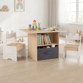 Conjunto de mesa e 2 cadeiras infantis; mesa de atividades com gavetas; tecido; dobrável; compartimentos de arrumação; para crianças a partir dos 3 an