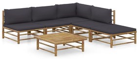 vidaXL 6 pcs conj. lounge jardim em bambu c/ almofadões cinza-escuro