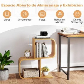Estante de bambu de 2 níveis em forma de S com 2 cubos abertos geométrica para escritório em casa Natural