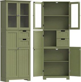 HOMCOM Móvel alto de arrumação, armário com portas em vidro e prateleiras ajustáveis para casa de banho, cozinha, sala, verde | Aosom Portugal