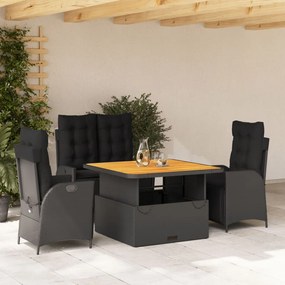 vidaXL 4 pcs conjunto de jardim p/ jardim c/ almofadões vime PE preto
