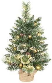 HOMCOM Árvore de Natal com 35 Luzes LED 60 cm Mini Árvore de Natal Artificial com 64 Ramos com Neve Pinha, Bagas e Base de Saco de Juta Decoração de Natal de Mesa para Casa Escritório Verde
