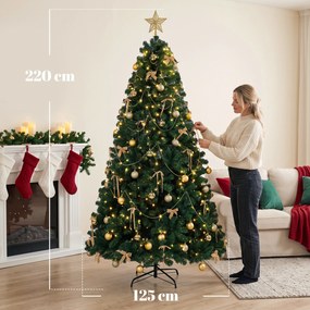 Árvore de Natal Decorativa 230 cm com 296 LED 1405 Ramos Ignífugos Estrela 42 Bolas 30 Laços e Decoração Dourada Verde