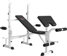 HOMCOM Banco de Musculação Multifuncional Inclinável com Suporte para Barra Ajustável Extensão de Pernas Curl de Predicador 180x134x113-136 cm Preto | Aosom Portugal