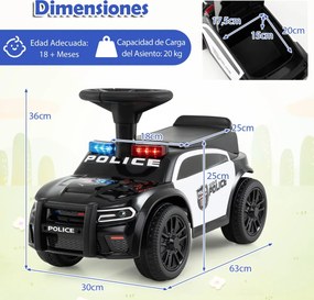 Andador de polícia deslizante para bebés com mais de 18 meses, com luzes, música e sirene, arrumação debaixo do assento, preto