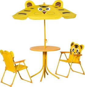 Conjunto de mobiliário de jardim infantil de 4 peças com design de tigre - Mesa redonda + 2 cadeiras dobráveis + guarda-sol amarelo
