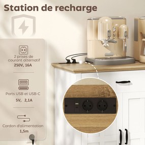 Aparador, móvel cozinha 140 x 40 x 91,5 cm com porta USB e tomada múltipla, com 2 armários com portas de estilo rústico, 2 gavetas e prateleiras ajust