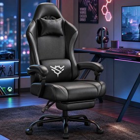 Cadeira gaming, ergonómica para PC em couro PU com apoio para os pés e inclinação de 135°, 70 x 70 x 120-130 cm Preto e cinzento