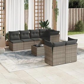 8 pcs conjunto sofás de jardim c/ almofadões vime PE cinzento