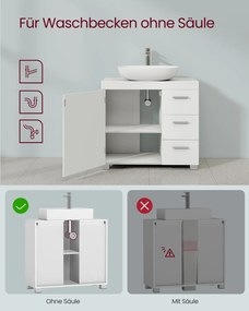 Armário casa de banho para lavatório (NÃO INCLUIDO) 30 x 60 x 64 cm com 3 gavetas grandes e pés em branco