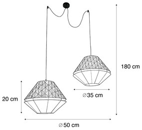 Candeeiro suspenso preto com abajur duplo de veludo com design de folha e bege 2 luzes - Cava Luxe Clássico / Antigo