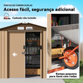 Abrigo de Jardim 2,42 m² 213x130x185 cm Abrigo de Jardim Metálico com Porta Deslizante Ventilação e Kit de Fundação Castanho