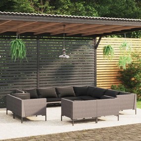vidaXL 11 pcs conj. lounge jardim c/ almofadões vime PE cinza-escuro