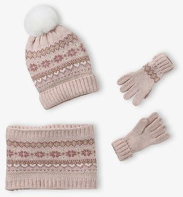 Conjunto em jacquard gorro + gola snood + luvas,  para menina  rosa