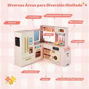 Cozinha infantil canto 102 × 100 × 94 cm com luzes e sons, frigorífico de duas portas, Geleira, micro-ondas e arrumação em madeira para crianças a par