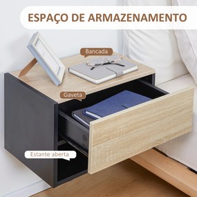 Conjunto de 2 Mesas de Cabeceira Flutuantes com 1 Gaveta e Prateleira Aberta 46x30x30 cm Carvalho e Preto