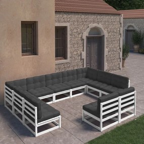 vidaXL 11 pcs conj. lounge de jardim c/ almofadões pinho maciço branco