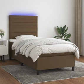 Cama box spring c/ colchão/LED 80x200cm tecido castanho-escuro