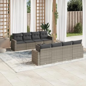 9 pcs conjunto sofás p/ jardim com almofadões vime PE cinzento
