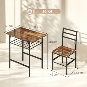 Conjunto de mesa de jantar com 2 cadeiras, mesa de cozinha com cadeiras para 2 pessoas, estrutura em metal, castanho