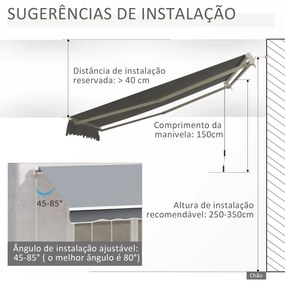Outsunny Toldo Manual Retrátil com Manivela 295x245cm Toldo Enrolável Alumínio com Proteção Solar para Janela Portas Balcão Terraço Exterior Cinza