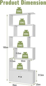 Estante em forma de S com 6 níveis e portas 70 cm x 23 cm x 183 cm Design moderno e versátil para organizar e decorar a sala, o quarto ou o escritório