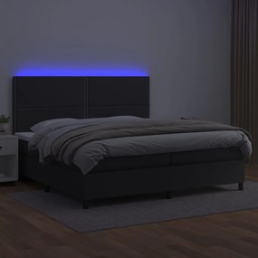 Cama box spring c/ colchão/LED 200x200cm couro artificial preto