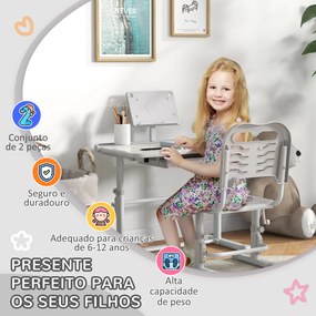 Conjunto de Secretária e Cadeira para Crianças com Altura Ajustável e Ângulo da Mesa Ajustável 80x50x82-104cm Cinza e Branco