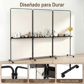 Biombo Dobrável de 3 Painéis, 259 x 44 x 188 cm, 8 Rodas com Travão, Branco