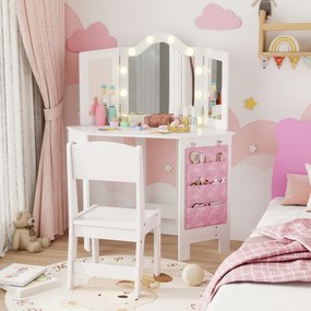 Toucador infantil 2 em 1 com banco, espelho tríptico e luzes LED bicolores 93,6 x 48,5 x 111,5 cm branco