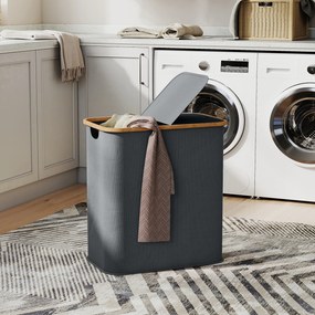 Cesto de roupa suja dobrável de dupla capacidade 54 x 34 x 58,5 cm, 80 L, com tampa e pegas ranhuradas, cinzento