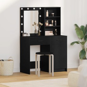 Conjunto de Mesa de Maquiagem de 2 Peças com LED em Madeira Engineered Preto