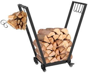 Suporte para Lenha Metálico Lenheiro de Exterior com Rodas e Gancho para Interior e Exterior Carga 50 kg 79x30x81 cm Preto