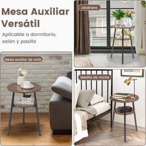 Mesa Auxiliar Redonda de 2 Níveis, 43 x 39 x 55 cm, Estrutura Metálica Robusta, Castanho