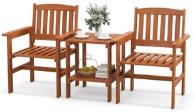Conjunto de mesa e cadeira jardim de 3 peças para pátio Assentos de madeira para conversação ao ar livre com furo para guarda-sol Castanho