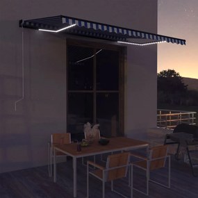 vidaXL Toldo com sensor de vento e LED 450x300 cm azul e branco