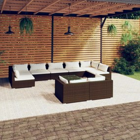 vidaXL 10 pcs conjunto lounge de jardim c/ almofadões vime PE castanho