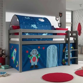Conjunto Cama alta de Criança PINO 90 x 200 cm + estrado + escada + cortina + tunel Astronauta Cinzenta
