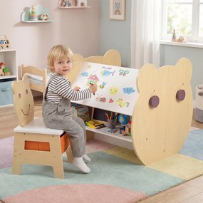 Mesa e cadeira infantil 3 em 1 com tema de urso, secretária infantil com quadro de giz de dupla face, estante, ganchos e gaveta, para crianças dos 3 a