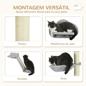 Conjunto de Prateleiras de Escalada para Gatos de 3 Peças com Rede Rampa Arranhador Plataforma em Forma de Nuvem para Saltar Cinzento