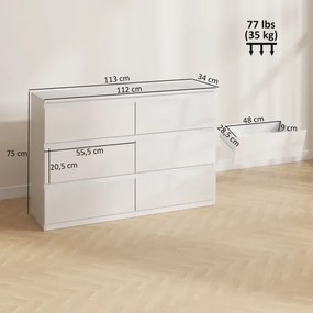 Cómoda com 6 Gavetas de Madeira Cómoda de Dormitório Cómoda Branca Estilo Moderno 112x34x75 cm Branco Brilhante