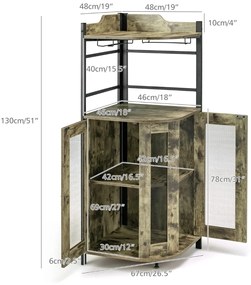 Garrafeira de canto com suporte para copos de vidro Portas em rede metálica Estante ajustável Armário para vinhos ajustável para cozinha Sala de janta