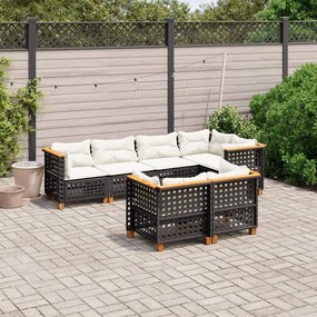 7 pcs conjunto de sofás p/ jardim c/ almofadões vime PE preto