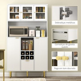 Armário de Cozinha Móvel Auxiliar de Cozinha Armário Alto com 3 Portas de Vidro Suporte para Garrafas 100x40x180 cm Branco