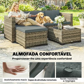 Conjunto de Jardim em Vime de 5 Peças Inclui Almofadas 2 Poltronas de Canto Poltrona sem Braços Apoia-Pés e Mesa de Centro Cinza Escuro