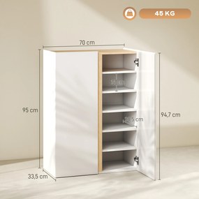 Sapateira de 6 Níveis com 2 Portas em Branco Brilhante com Fechamento Suave e Prateleiras Ajustáveis 70x33,5x95 cm Branco