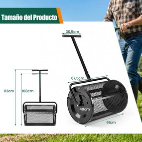 Espalhador de composto para Jardim de 31 cm com rolo para turfa e cabo em T ajustável em altura, com cesto de malha metálica para jardim ou relvado, p