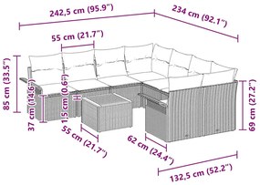 Conjunto de Sofá de Jardim 9 Peças com Almofadas Pretas em Rattan Sint