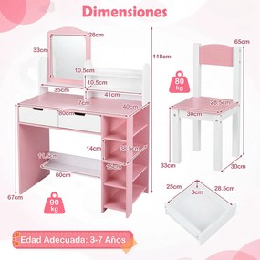 Conjunto de Toucador Infantil com Espelho e Cadeira, 80 x 40 x 118 cm, Arrumação Espaçosa, Cor-de-rosa